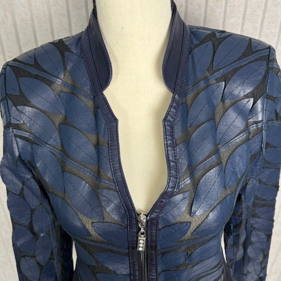 Erin Leather Leaf Cut Lambskin Jacket Womens EU 38 / US M Midnight Navy Turkey - Picture 5 of 14